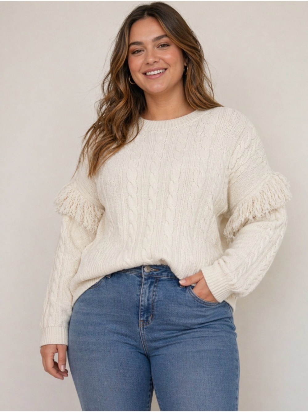 1.State Women’s XL ivory cable knit sweater, long sleeve, fringe, cropped.